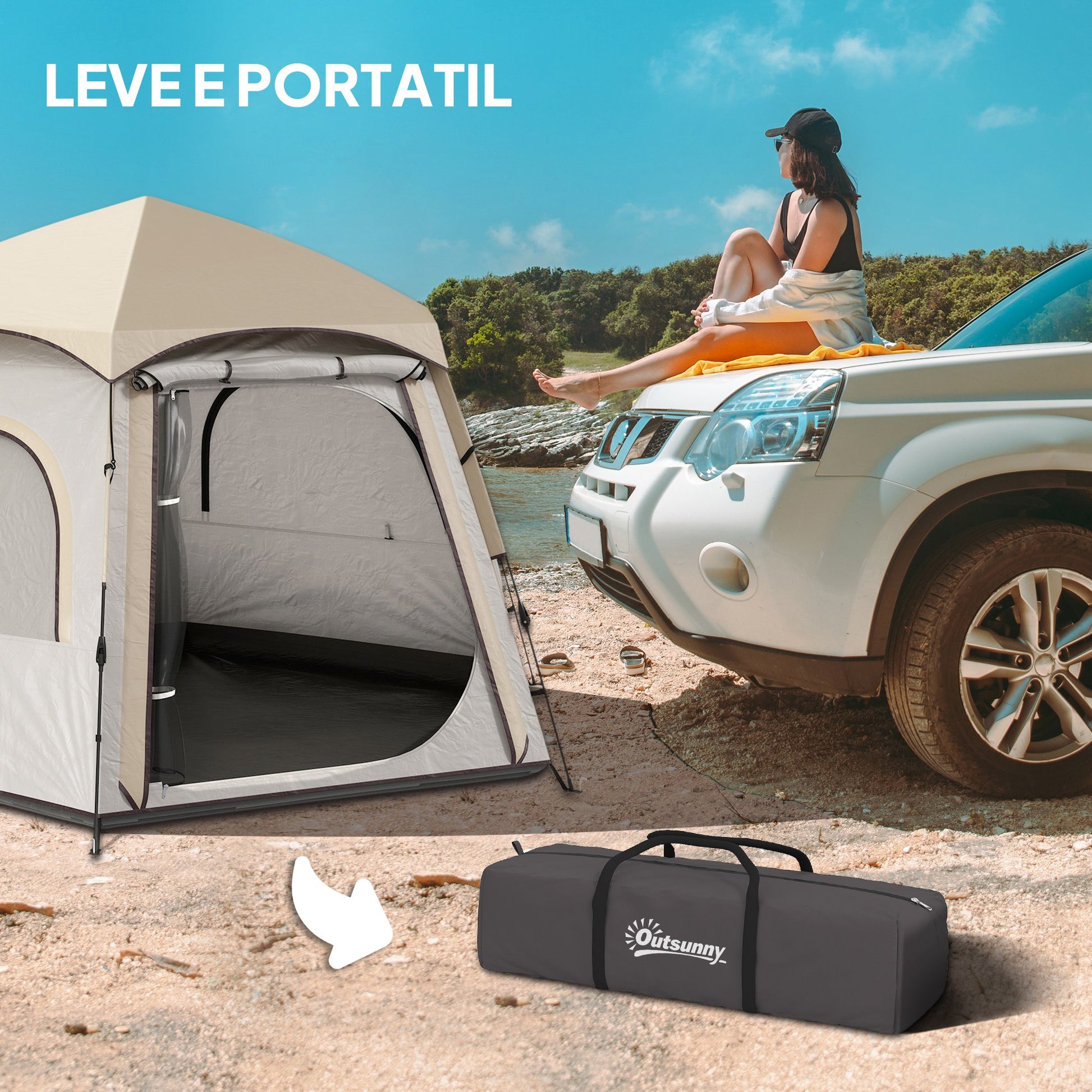 Tenda de Campismo para 2-3 Pessoas Tenda de Campismo Dobrável com Fácil Instalação Janelas de Rede Gancho e Bolsa de Transporte Proteção UV Impermeável para Caminhadas 280x240x155 cm Branco e Bege