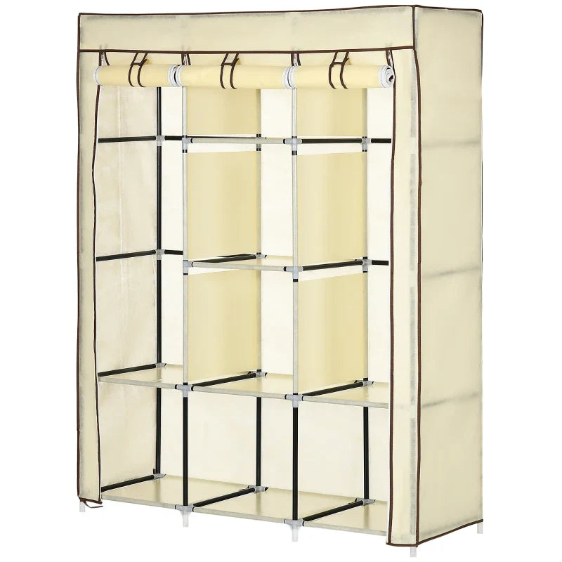 Roupeiro de Tecido Dobrável Armário Portátil com 8 Prateleiras de Armazenamento e 2 Barras de Pendurar Organizador de Roupa para Dormitório Vestidor 125x43x162,5cm Creme