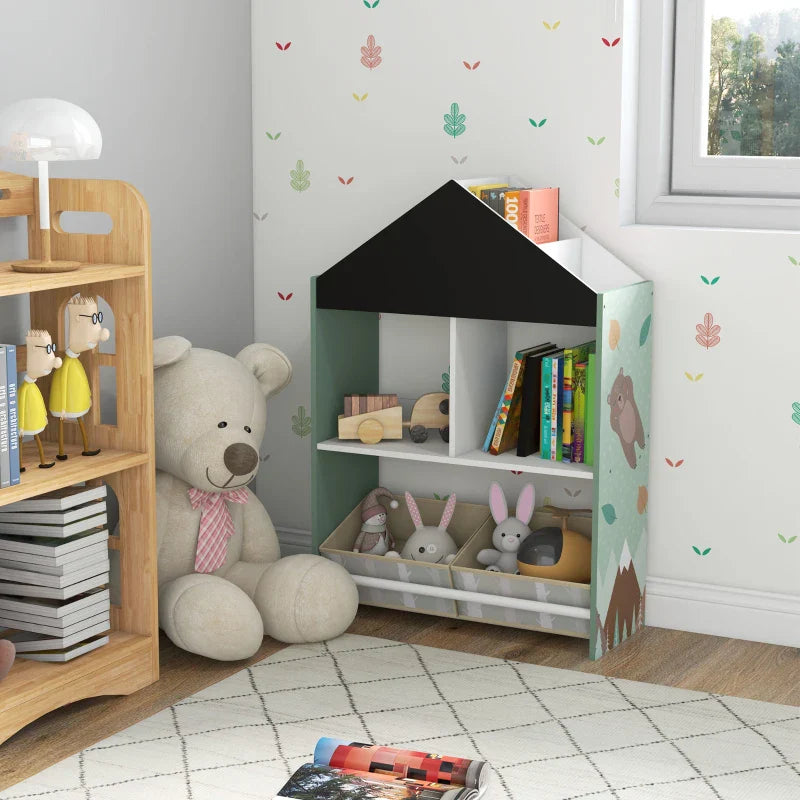 Estante para Brinquedos Organizador Infantil com Prateleiras Abertas e 2 Caixas de Tecido não Tecido Amovíveis para Sala de Jogos Dormitório Escola Infantil 62,4x26,5x90 cm Verde