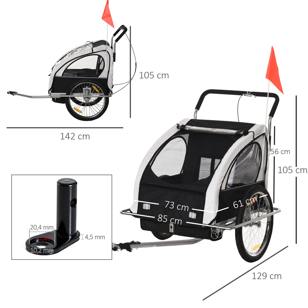 Reboque de Bicicleta 2 EM 1 para crianças de 2 lugares com Amortecedores Convertível em carrinho com barra e kit de corrida 129x85x105cm Branco