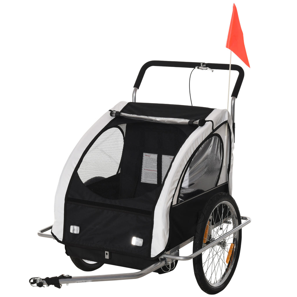 Reboque de Bicicleta 2 EM 1 para crianças de 2 lugares com Amortecedores Convertível em carrinho com barra e kit de corrida 129x85x105cm Branco