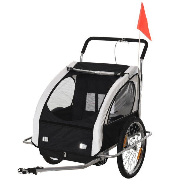 Reboque de Bicicleta 2 EM 1 para crianças de 2 lugares com Amortecedores Convertível em carrinho com barra e kit de corrida 129x85x105cm Branco