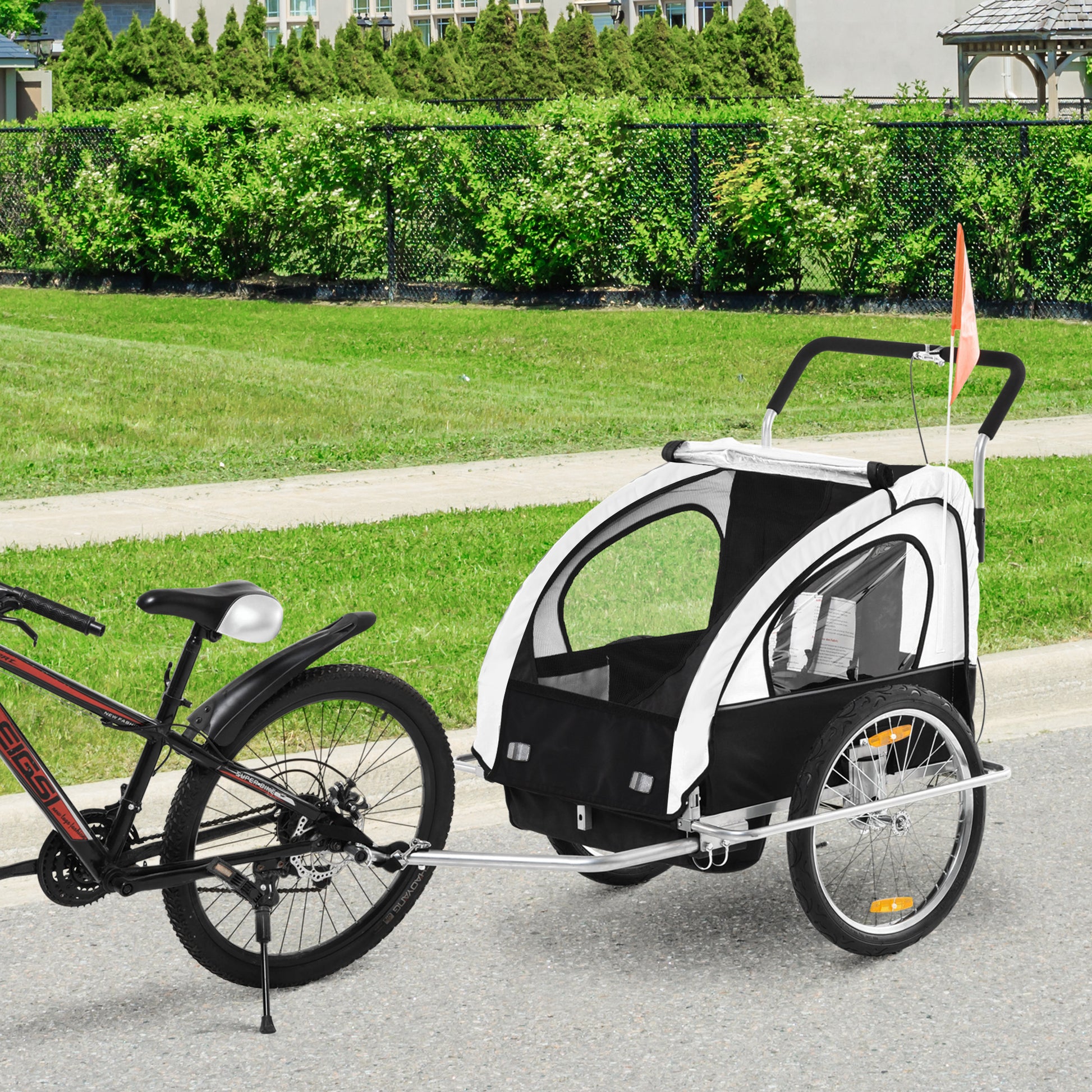 Reboque de Bicicleta 2 EM 1 para crianças de 2 lugares com Amortecedores Convertível em carrinho com barra e kit de corrida 129x85x105cm Branco