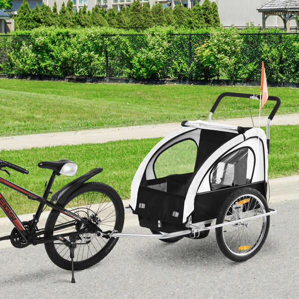 Reboque de Bicicleta 2 EM 1 para crianças de 2 lugares com Amortecedores Convertível em carrinho com barra e kit de corrida 129x85x105cm Branco