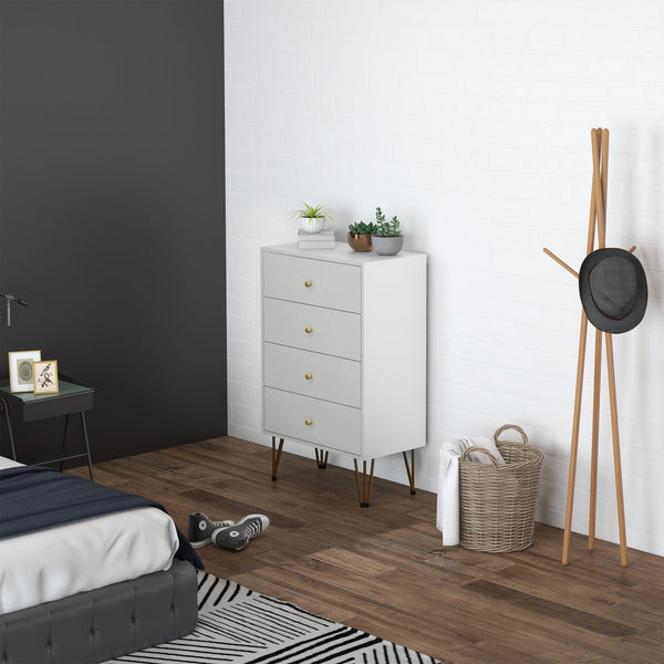 Cómoda de Quarto Moderna Cómoda de Madeira com 4 Gavetas e Pés Metálicos Cómoda de Gavetas para Sala Escritório 60x40x100 cm Branco