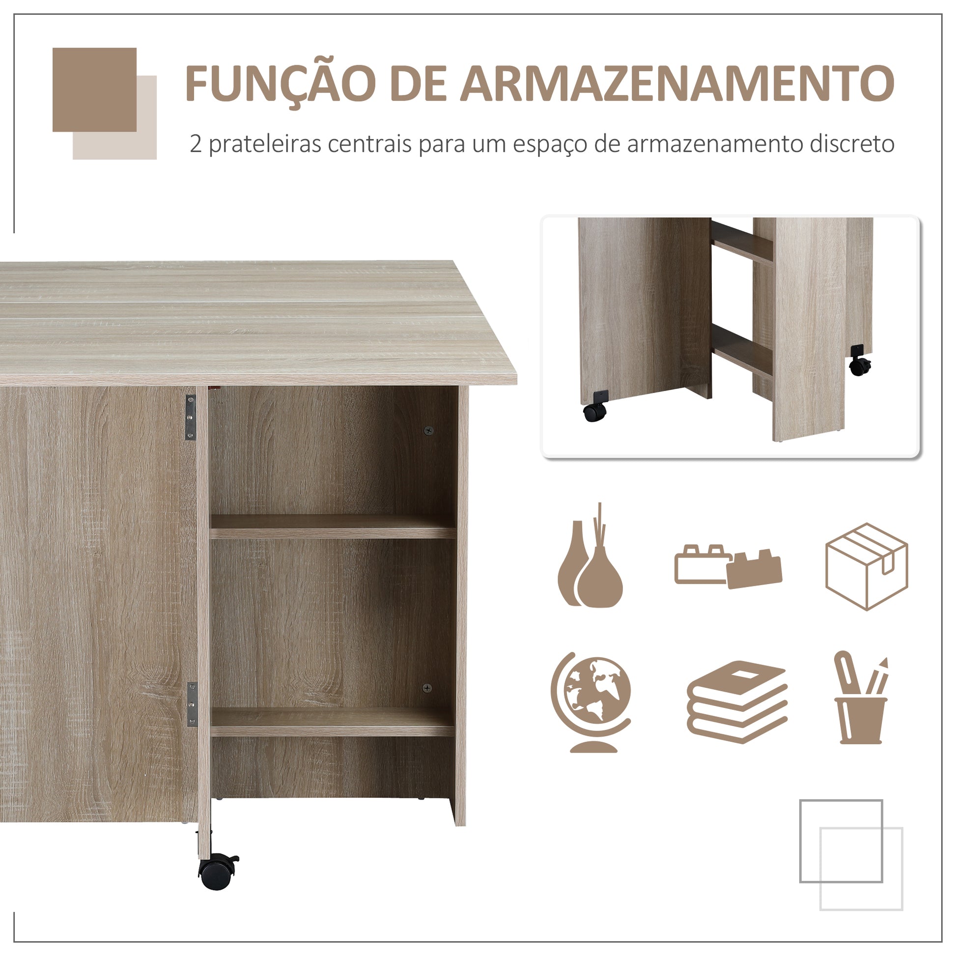 Mesa de Sala de Jantar Dobrável Mesa de Madeira com 2 Prateleiras de Armazenamento e Rodas para Cozinha 80x140x74 cm Madeira