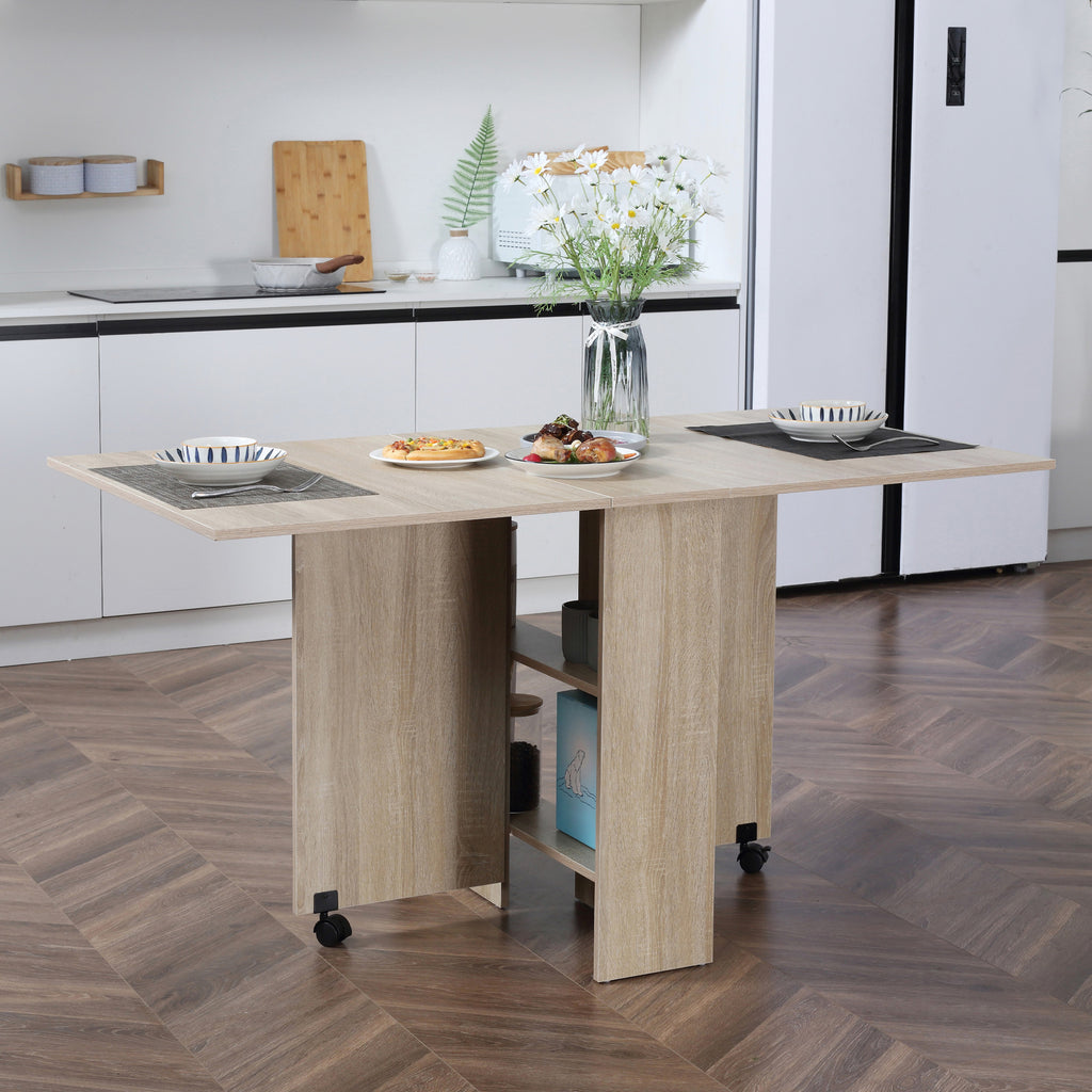 Mesa de Sala de Jantar Dobrável Mesa de Madeira com 2 Prateleiras de Armazenamento e Rodas para Cozinha 80x140x74 cm Madeira