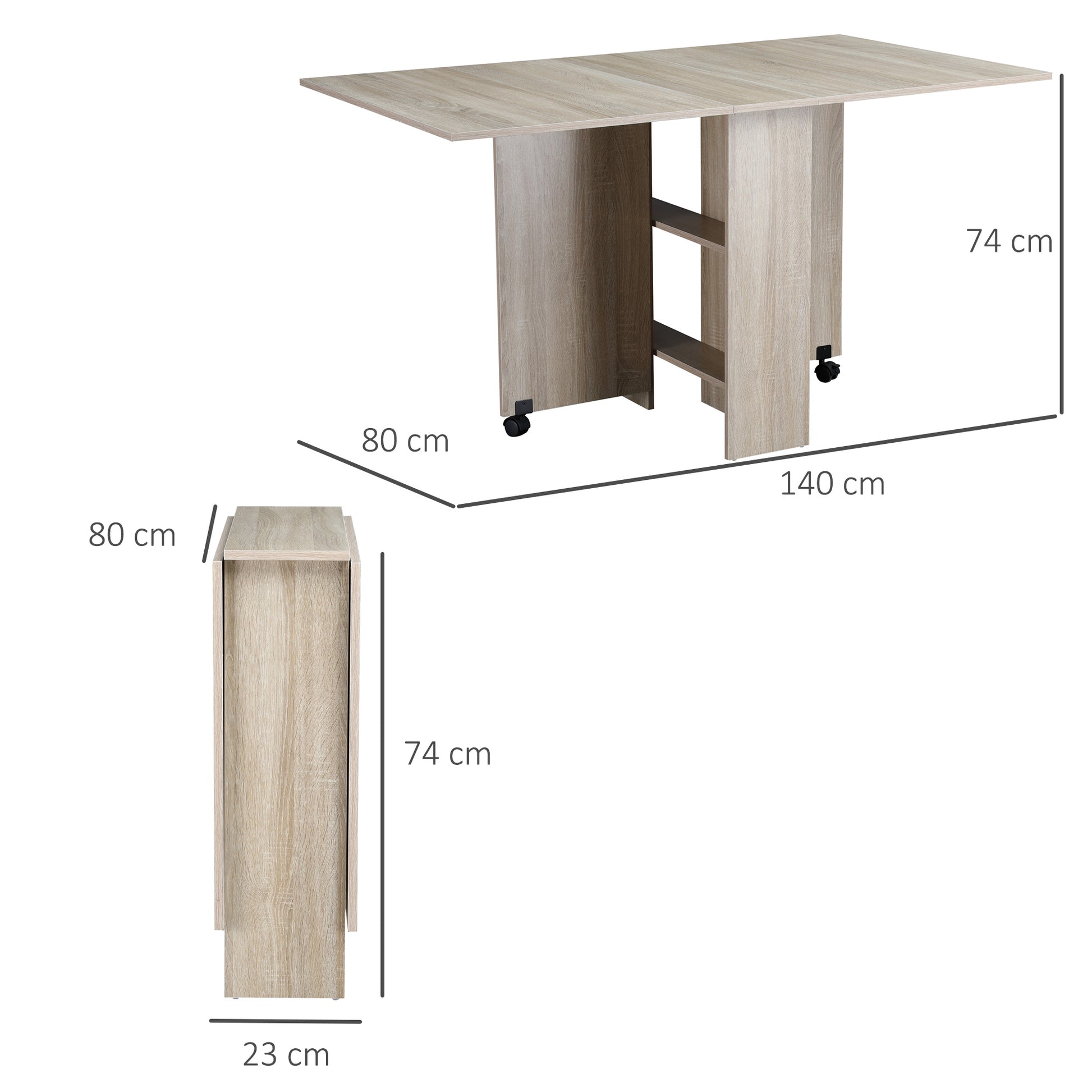Mesa de Sala de Jantar Dobrável Mesa de Madeira com 2 Prateleiras de Armazenamento e Rodas para Cozinha 80x140x74 cm Madeira