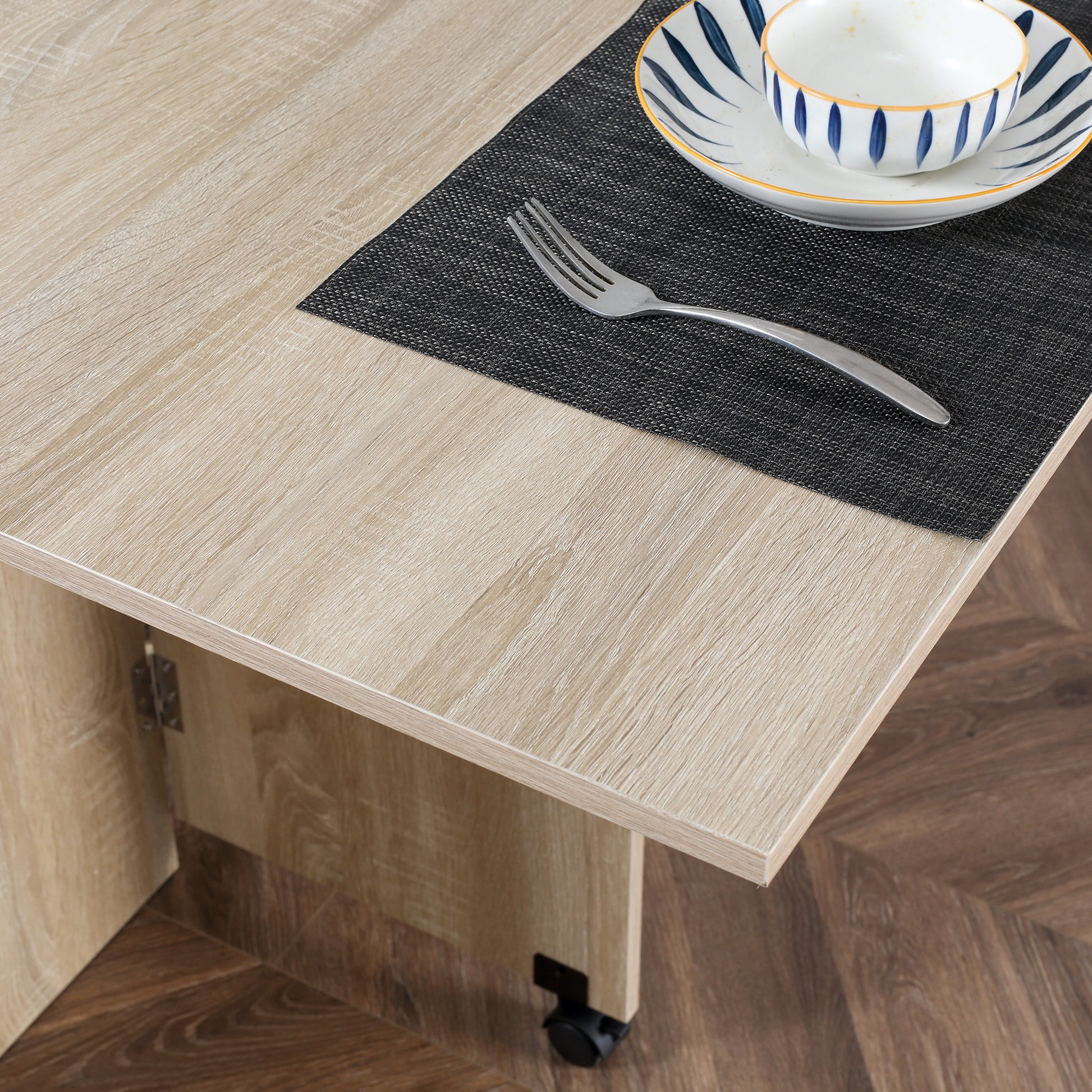 Mesa de Sala de Jantar Dobrável Mesa de Madeira com 2 Prateleiras de Armazenamento e Rodas para Cozinha 80x140x74 cm Madeira