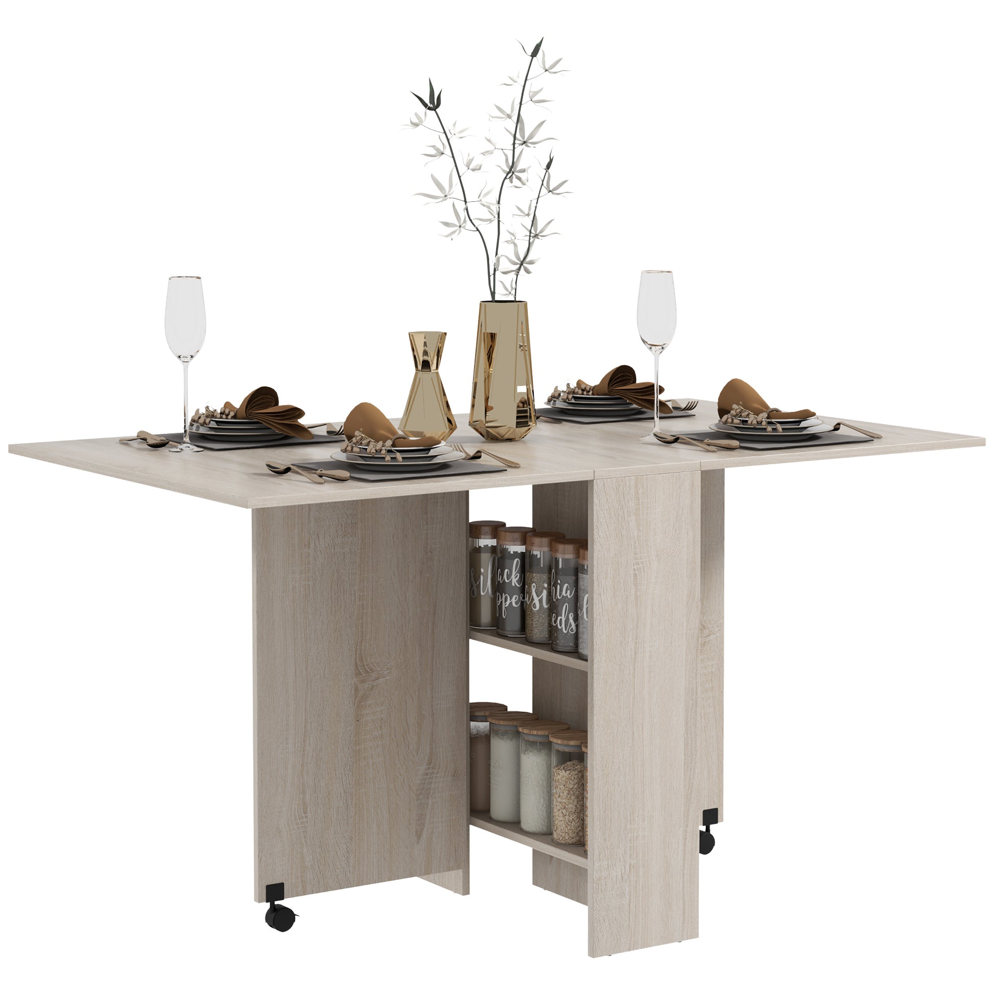 Mesa de Sala de Jantar Dobrável Mesa de Madeira com 2 Prateleiras de Armazenamento e Rodas para Cozinha 80x140x74 cm Madeira