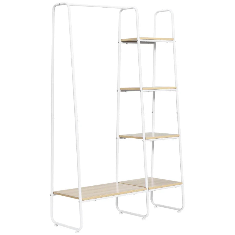 Suporte para Cabides Charriot de Madeira com 4 Prateleiras de Armazenamento e Barra de Pendurar para Dormitório Sala de Estar Entrada Estilo Industrial 101x39x160cm Madeira e Branco