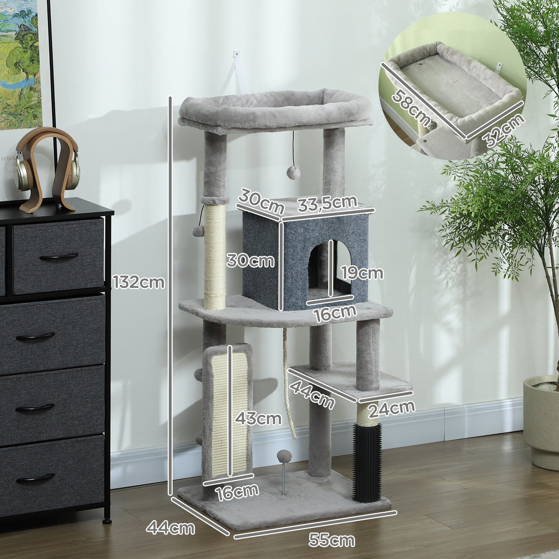 PawHut Arranhador para Gatos Grande Altura 132 cm Arranhador para Gatos com Plataformas Postes com Escova Bolas Suspensas e Almofadas para Arranhar Cinza
