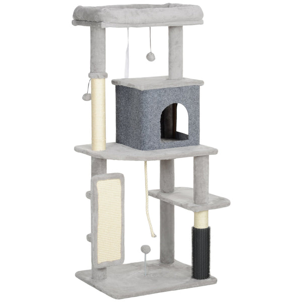 PawHut Arranhador para Gatos Grande Altura 132 cm Arranhador para Gatos com Plataformas Postes com Escova Bolas Suspensas e Almofadas para Arranhar Cinza