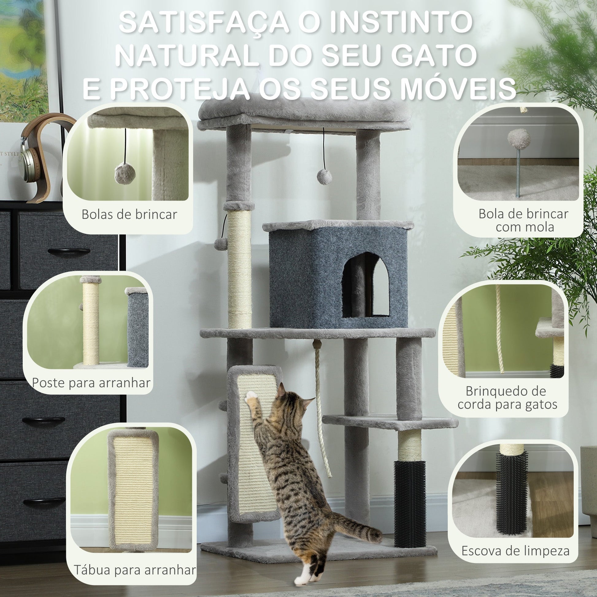 PawHut Arranhador para Gatos Grande Altura 132 cm Arranhador para Gatos com Plataformas Postes com Escova Bolas Suspensas e Almofadas para Arranhar Cinza