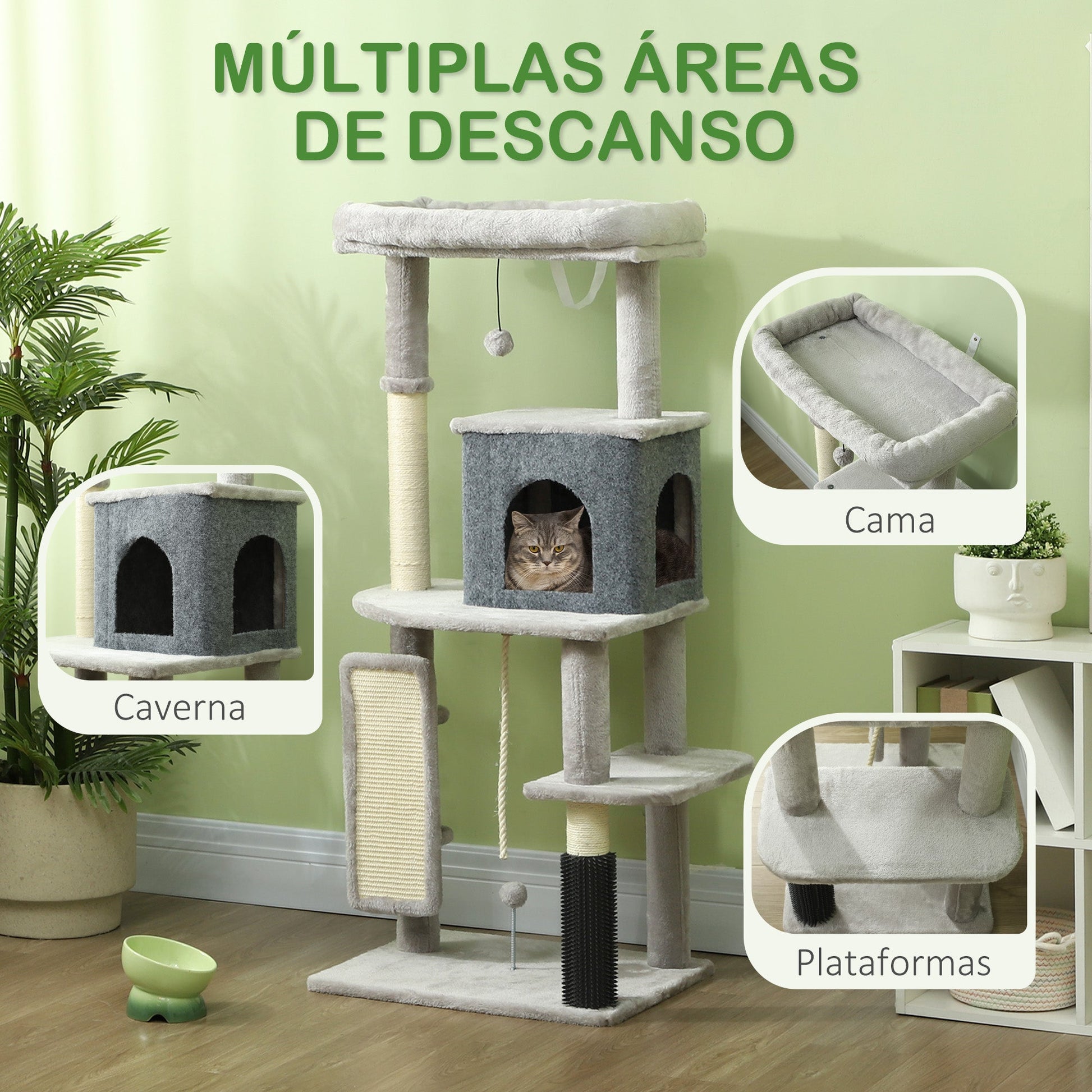 PawHut Arranhador para Gatos Grande Altura 132 cm Arranhador para Gatos com Plataformas Postes com Escova Bolas Suspensas e Almofadas para Arranhar Cinza