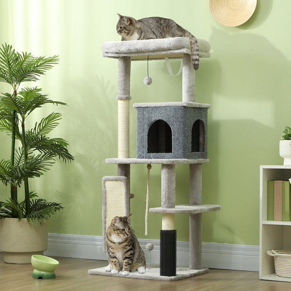 PawHut Arranhador para Gatos Grande Altura 132 cm Arranhador para Gatos com Plataformas Postes com Escova Bolas Suspensas e Almofadas para Arranhar Cinza