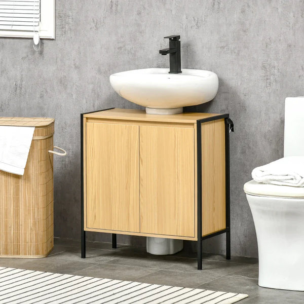 Móvel para Lavatório Pousar Armário Casa de Banho de Madeira com 2 Portas e Prateleira Interior Ajustável Estilo Industrial Anti-Tombo 60x30x62,5cm Madeira e Preto