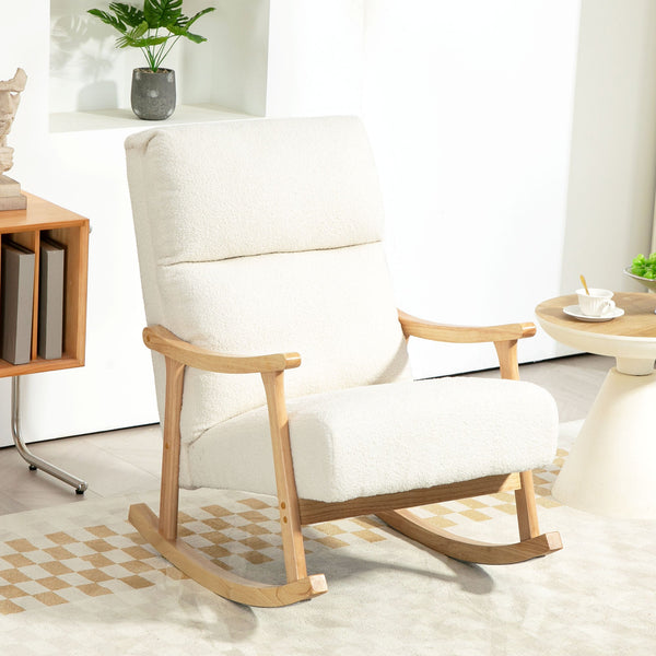 Poltrona Baloiço Moderna Poltrona Baloiço com Pés e Apoio para os Braços de Madeira de Faia Encosto Alto Poltrona de Amamentação Carga 120 kg para Dormitório Sala de Estar 65x90x98 cm Creme