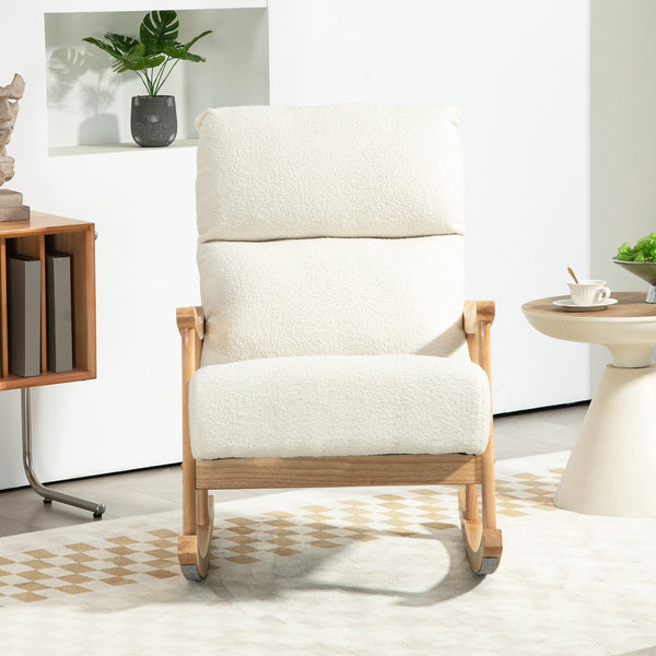 Poltrona Baloiço Moderna Poltrona Baloiço com Pés e Apoio para os Braços de Madeira de Faia Encosto Alto Poltrona de Amamentação Carga 120 kg para Dormitório Sala de Estar 65x90x98 cm Creme