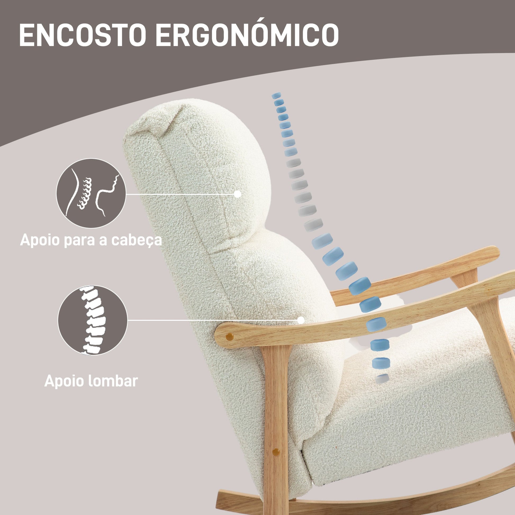 Poltrona Baloiço Moderna Poltrona Baloiço com Pés e Apoio para os Braços de Madeira de Faia Encosto Alto Poltrona de Amamentação Carga 120 kg para Dormitório Sala de Estar 65x90x98 cm Creme