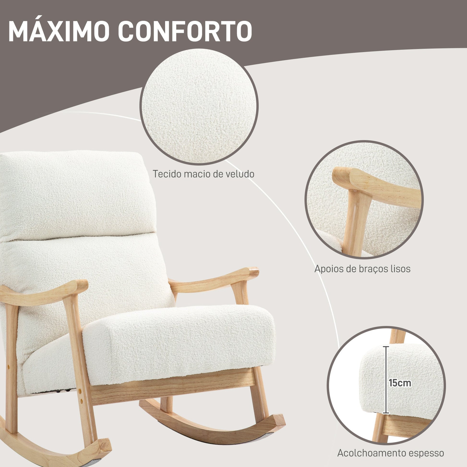 Poltrona Baloiço Moderna Poltrona Baloiço com Pés e Apoio para os Braços de Madeira de Faia Encosto Alto Poltrona de Amamentação Carga 120 kg para Dormitório Sala de Estar 65x90x98 cm Creme