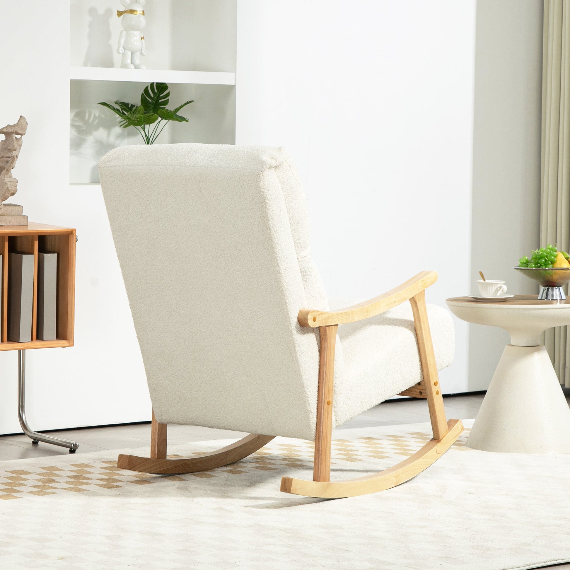 Poltrona Baloiço Moderna Poltrona Baloiço com Pés e Apoio para os Braços de Madeira de Faia Encosto Alto Poltrona de Amamentação Carga 120 kg para Dormitório Sala de Estar 65x90x98 cm Creme