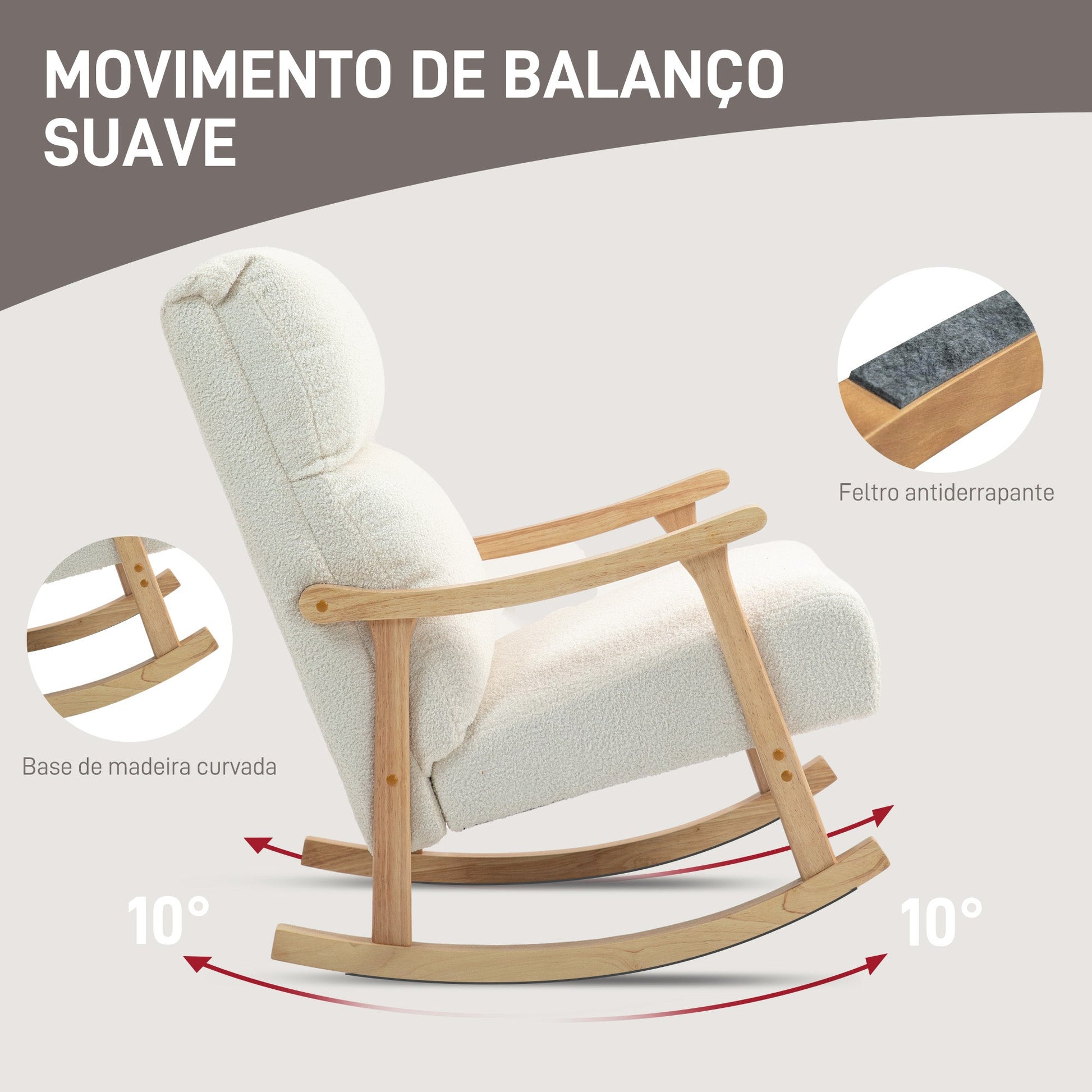 Poltrona Baloiço Moderna Poltrona Baloiço com Pés e Apoio para os Braços de Madeira de Faia Encosto Alto Poltrona de Amamentação Carga 120 kg para Dormitório Sala de Estar 65x90x98 cm Creme
