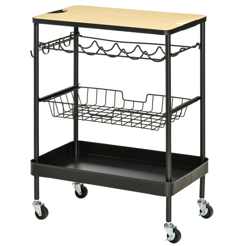 Carrinho de Cozinha com Rodas Carrinho de Cozinha Multiuso com Suporte para Garrafas Cesta Removível e 4 Ganchos para Sala de Jantar Sala de Estar 60,5x35,5x75cm Preto e Carvalho
