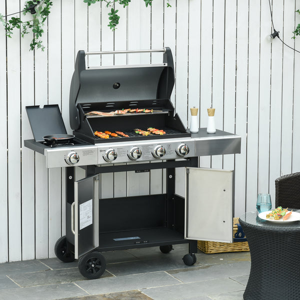 Churrasqueira a Gás com Rodas grelha com 4 + 1 Queimadores 3 KW Mesa Lateral Armário de Armazenamento em Aço Inoxidável 128x50x113 cm Preto Prateado