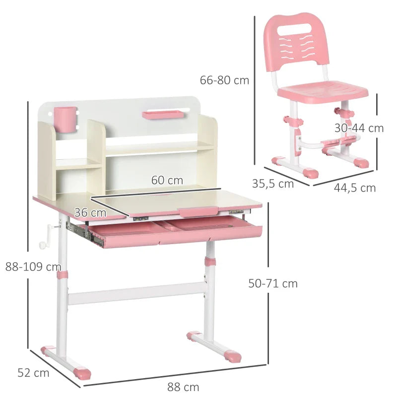 Conjunto de Secretária e Cadeira para Crianças acima de 3 Anos com Altura Ajustável Secretária Infantil com Bancada Inclinável Gaveta e Prateleira para Livros 80x52x88x109cm e 35,5x44,5x66-80cm Rosa