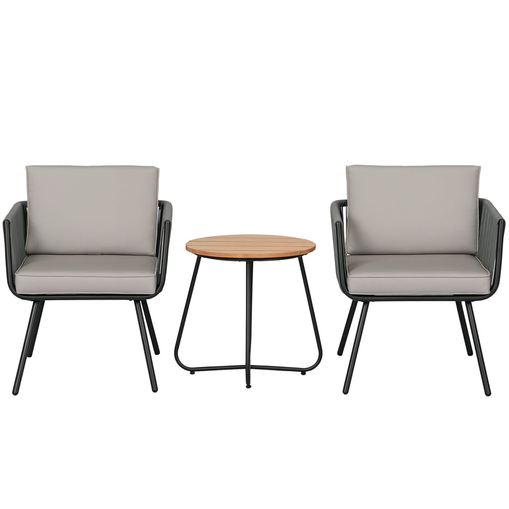 Conjunto de Móveis de Jardim de Vime 3 Peças Conjunto de Móveis de Varanda Incluí 1 Mesa de Centro e 2 Poltronas com Almofadas Acolchoadas Cinza