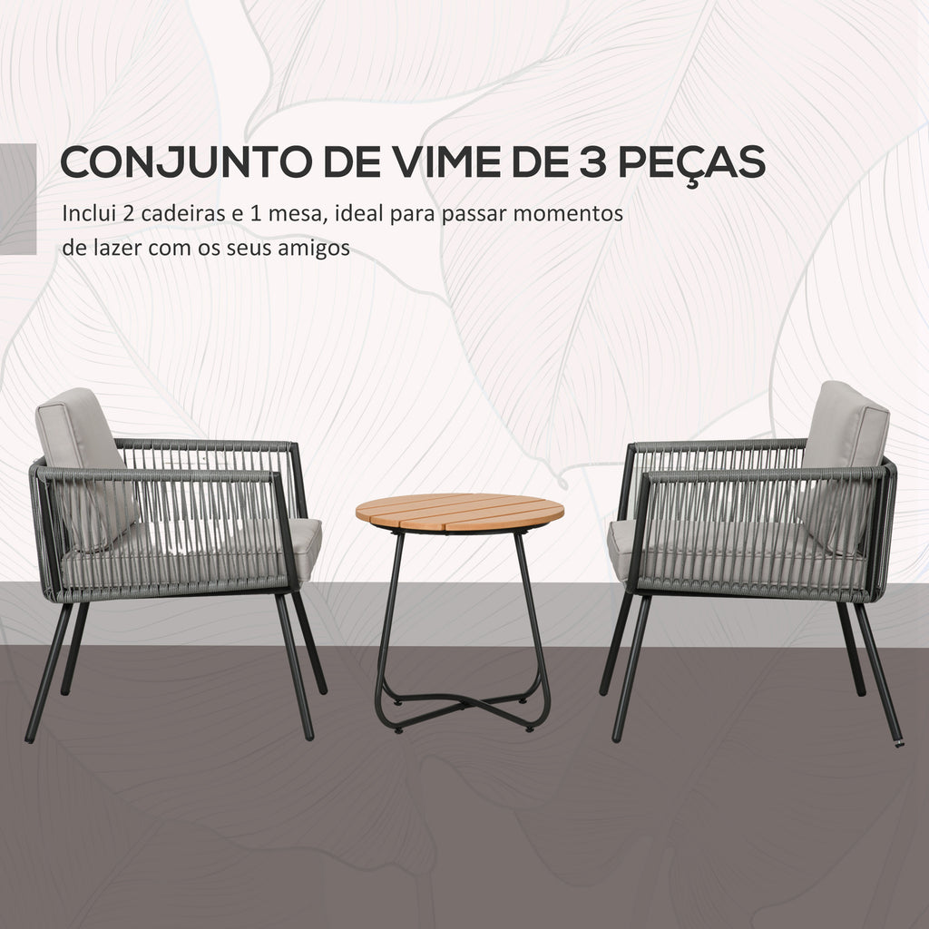 Conjunto de Móveis de Jardim de Vime 3 Peças Conjunto de Móveis de Varanda Incluí 1 Mesa de Centro e 2 Poltronas com Almofadas Acolchoadas Cinza