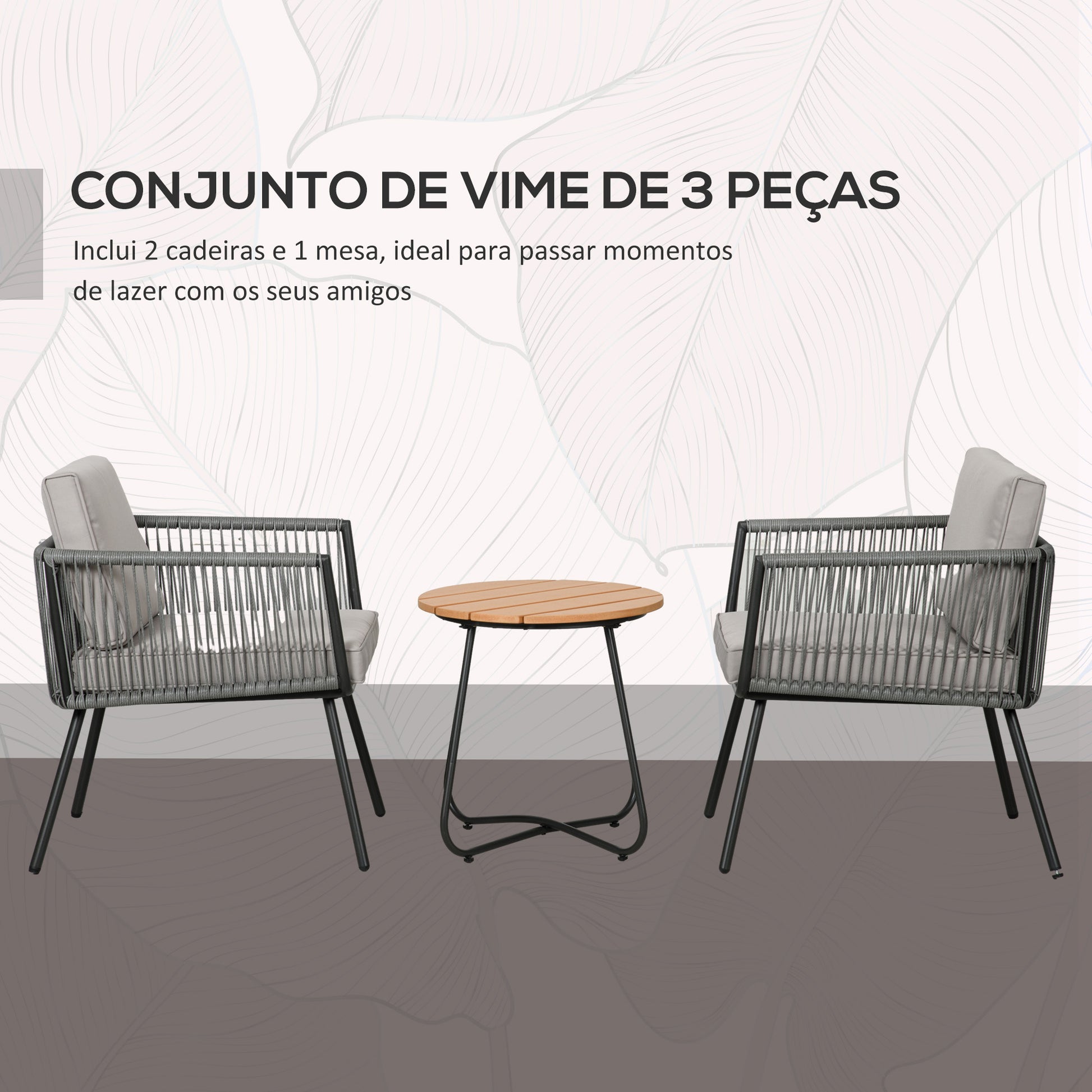 Conjunto de Móveis de Jardim de Vime 3 Peças Conjunto de Móveis de Varanda Incluí 1 Mesa de Centro e 2 Poltronas com Almofadas Acolchoadas Cinza