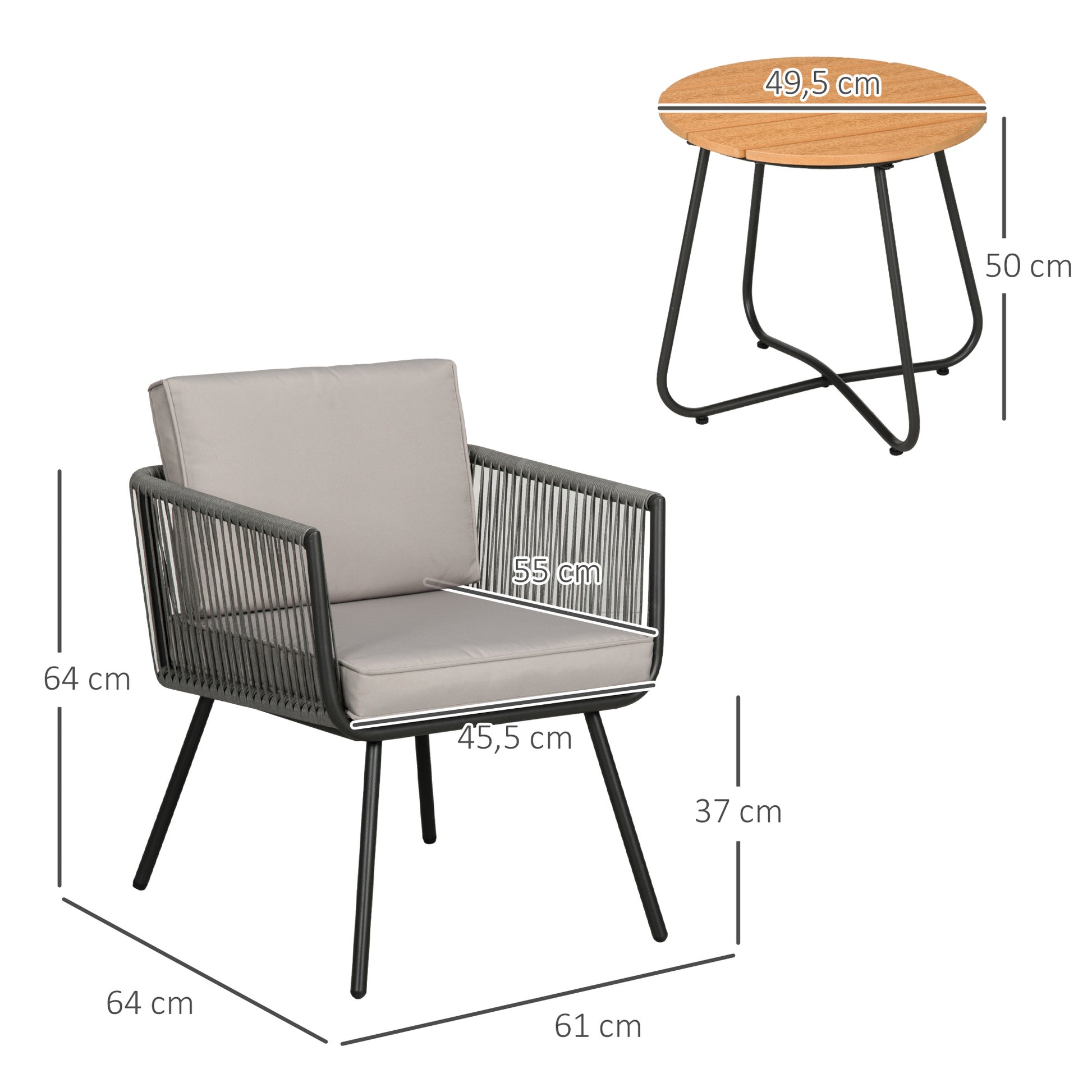 Conjunto de Móveis de Jardim de Vime 3 Peças Conjunto de Móveis de Varanda Incluí 1 Mesa de Centro e 2 Poltronas com Almofadas Acolchoadas Cinza