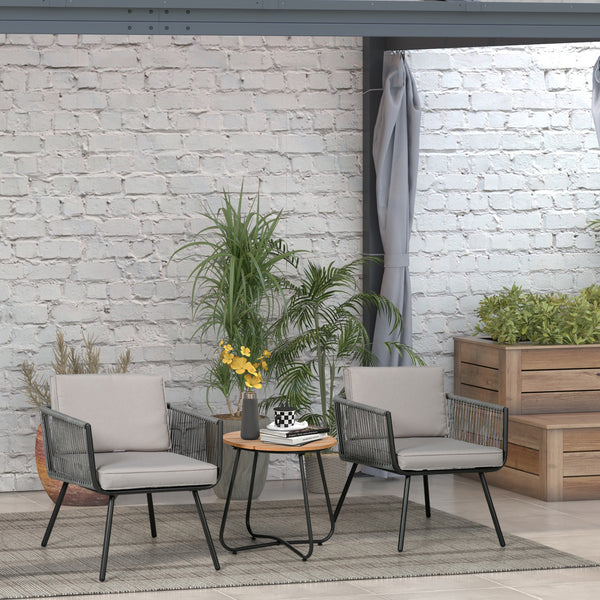 Conjunto de Móveis de Jardim de Vime 3 Peças Conjunto de Móveis de Varanda Incluí 1 Mesa de Centro e 2 Poltronas com Almofadas Acolchoadas Cinza