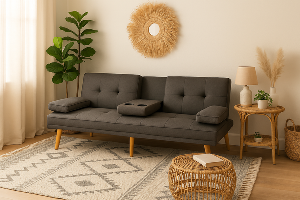Sofá Cama 3 Lugares Sofá Cama Dobrável com Encosto Ajustável de 3 Níveis Apoio para os Braços Desmontável e 2 Suportes para Copos 181x77x78 cm Cinza