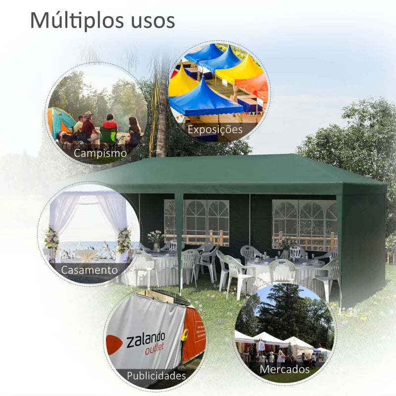 Tenda para Festas 585x295x255 cm com 4 Paredes Laterais e 2 Janelas Pérgola de Exterior com Estrutura de Aço para Festas Eventos Casamentos Verde