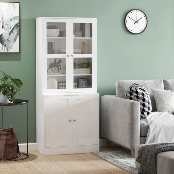 Vitrine para Sala de Estar Estante de Livros com 4 Portas e Prateleiras Superiores com Altura Ajustável Estilo Moderno Multiúso para Cozinha Escritório Dormitório 76x40x178,5 Branco