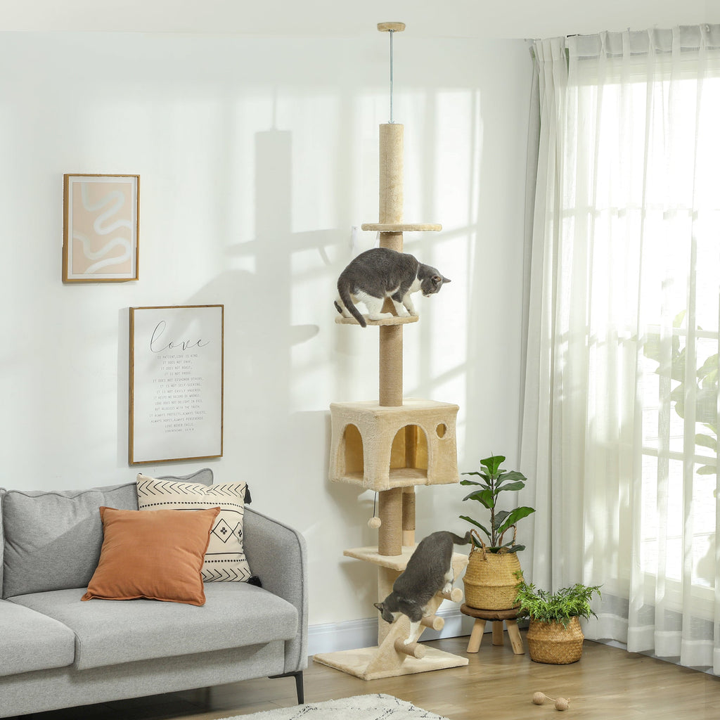 PawHut Arranhador para Gatos do Chão ao Teto de 225-265 cm Arranhador para Gatos com Altura Ajustável Múltiplas Plataformas Escada Bola Suspensa Bege