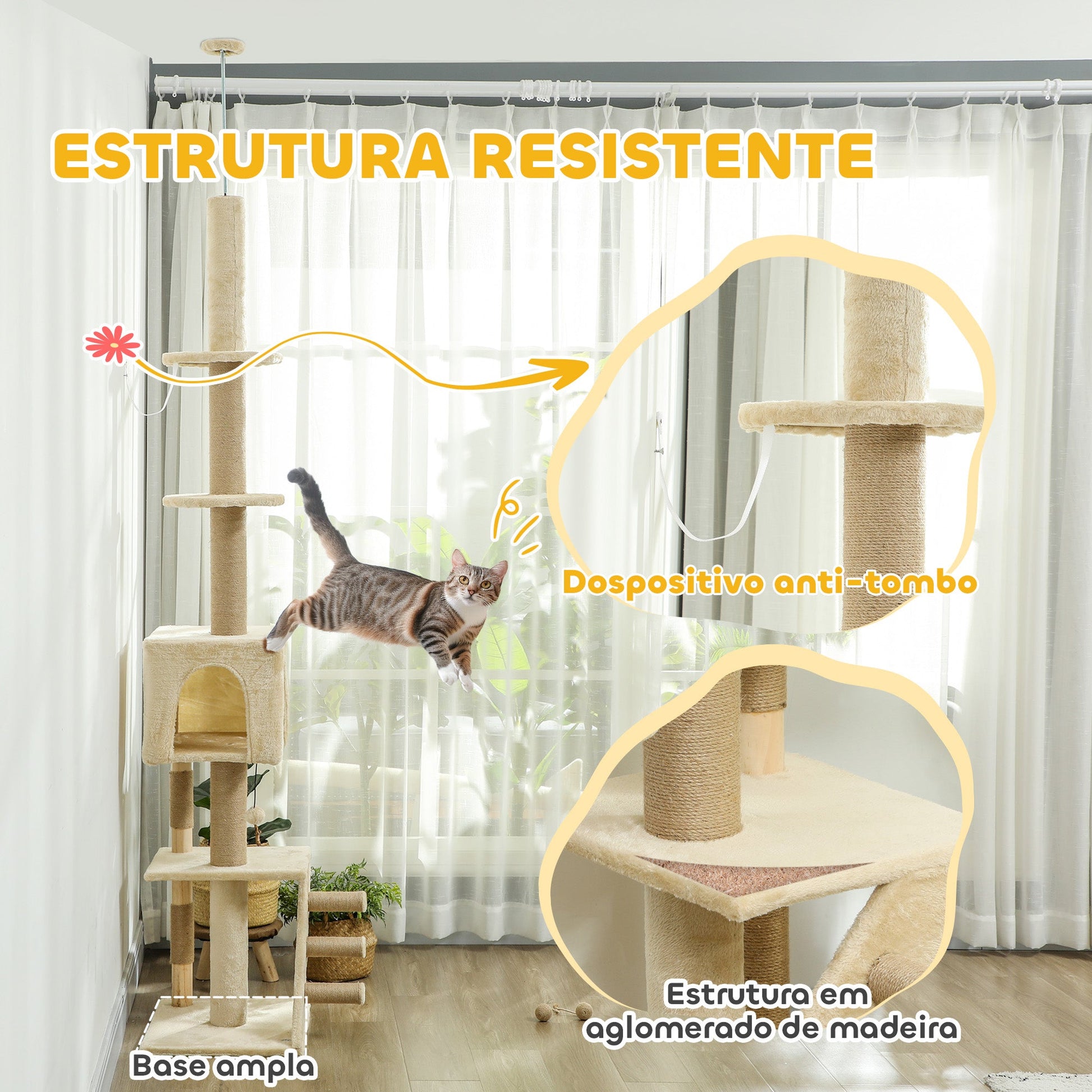 PawHut Arranhador para Gatos do Chão ao Teto de 225-265 cm Arranhador para Gatos com Altura Ajustável Múltiplas Plataformas Escada Bola Suspensa Bege