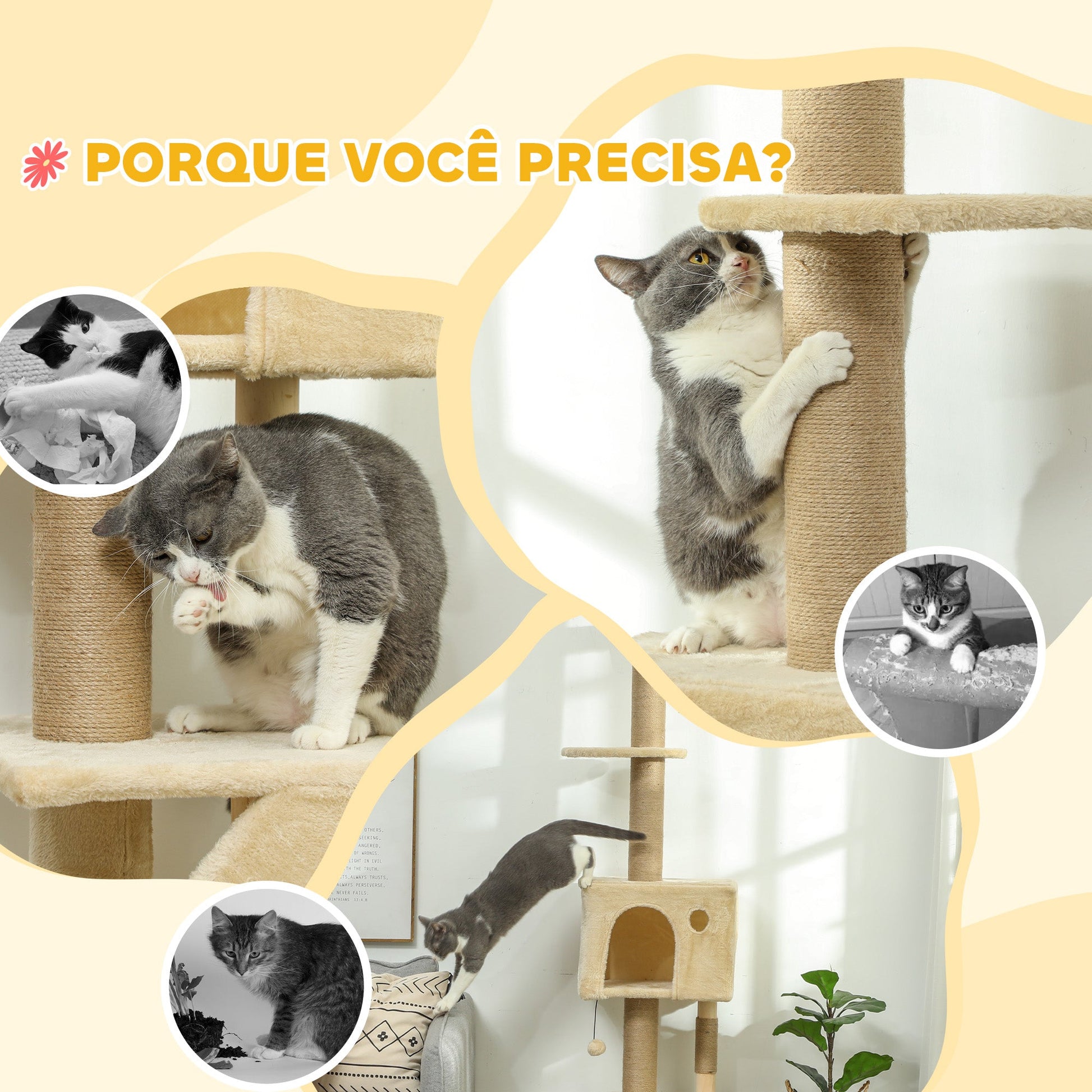 PawHut Arranhador para Gatos do Chão ao Teto de 225-265 cm Arranhador para Gatos com Altura Ajustável Múltiplas Plataformas Escada Bola Suspensa Bege