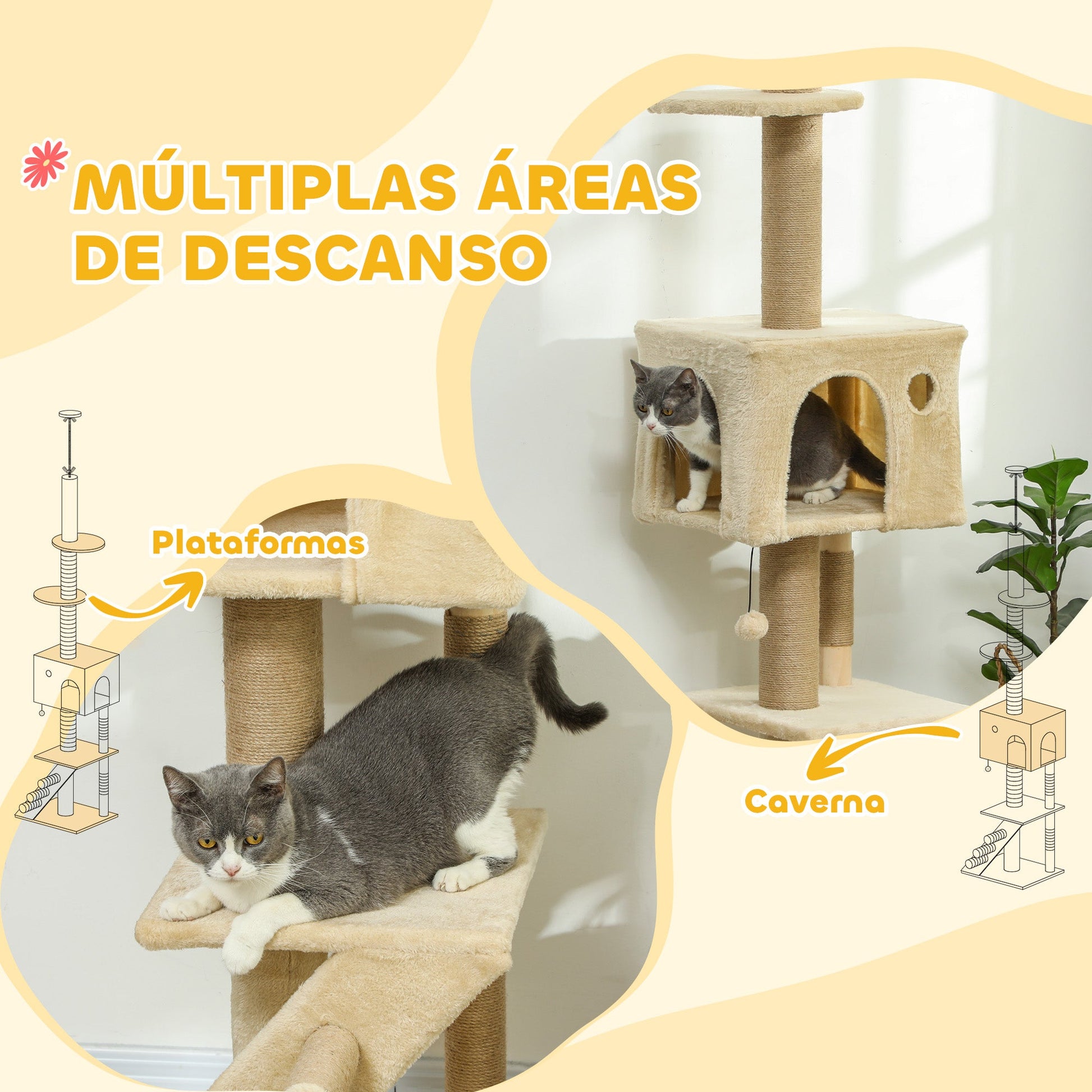 PawHut Arranhador para Gatos do Chão ao Teto de 225-265 cm Arranhador para Gatos com Altura Ajustável Múltiplas Plataformas Escada Bola Suspensa Bege