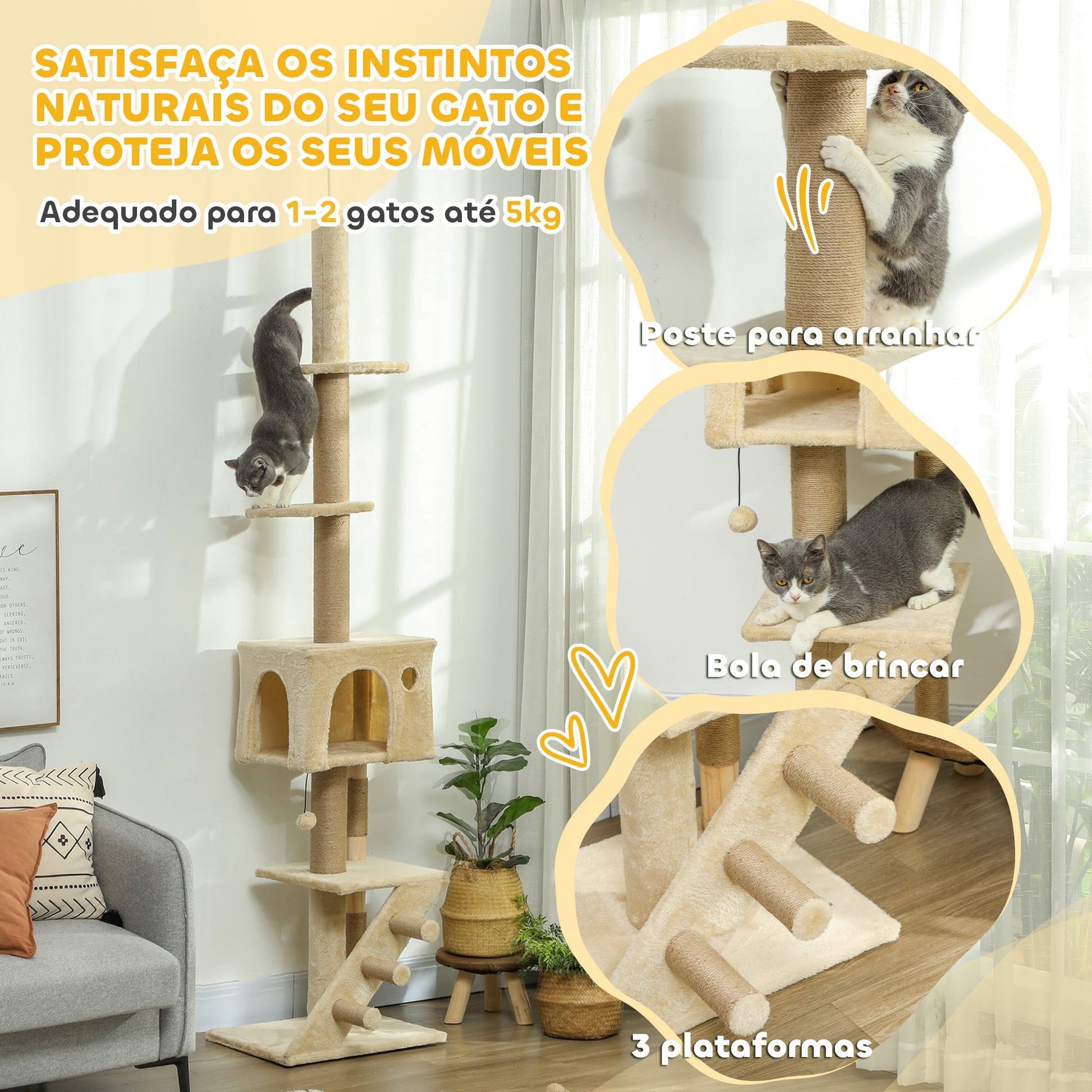 PawHut Arranhador para Gatos do Chão ao Teto de 225-265 cm Arranhador para Gatos com Altura Ajustável Múltiplas Plataformas Escada Bola Suspensa Bege