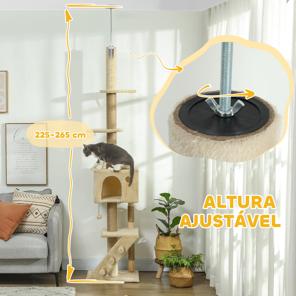 PawHut Arranhador para Gatos do Chão ao Teto de 225-265 cm Arranhador para Gatos com Altura Ajustável Múltiplas Plataformas Escada Bola Suspensa Bege