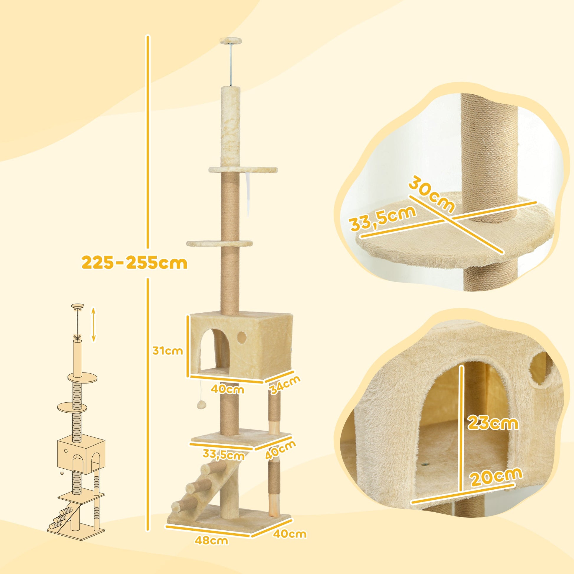 PawHut Arranhador para Gatos do Chão ao Teto de 225-265 cm Arranhador para Gatos com Altura Ajustável Múltiplas Plataformas Escada Bola Suspensa Bege