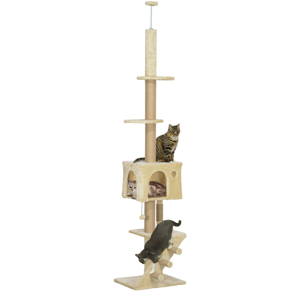 PawHut Arranhador para Gatos do Chão ao Teto de 225-265 cm Arranhador para Gatos com Altura Ajustável Múltiplas Plataformas Escada Bola Suspensa Bege