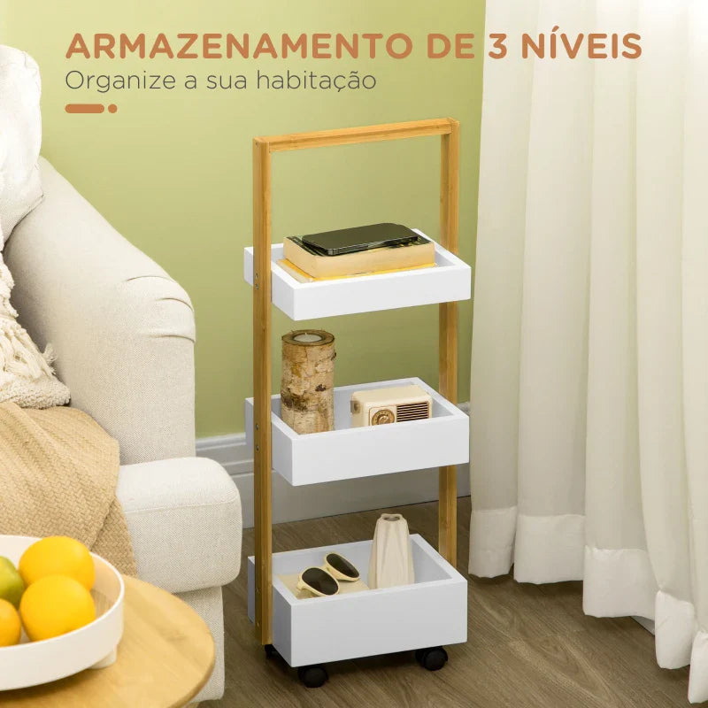 Carrinho de Armazenamrento de Bambu Carrinho Auxiliar com Rodas Carrinho de Cozinha com 3 Cestos e Alça para Sala de Estar Casa de Banho 28x18x75 cm Branco e Madeira