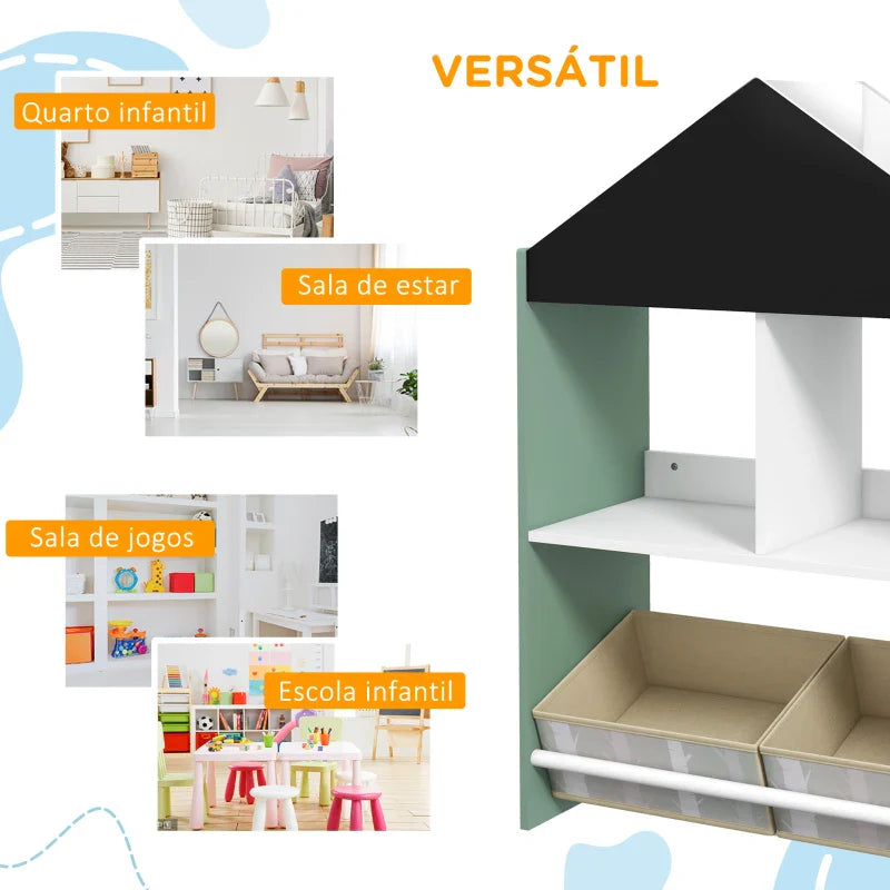 Estante para Brinquedos Organizador Infantil com Prateleiras Abertas e 2 Caixas de Tecido não Tecido Amovíveis para Sala de Jogos Dormitório Escola Infantil 62,4x26,5x90 cm Verde