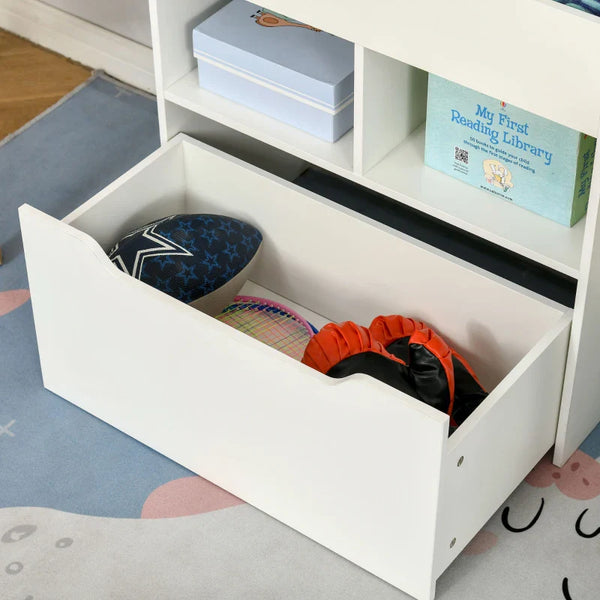 Estante de Madeira para Brinquedos com 3 Compartimentos 2 Cubos e Gaveta Móvel com 4 Rodas Estante para Livros Infantil para Dormitório Infantil Sala de Jogos 60x29,9x90cm Branco