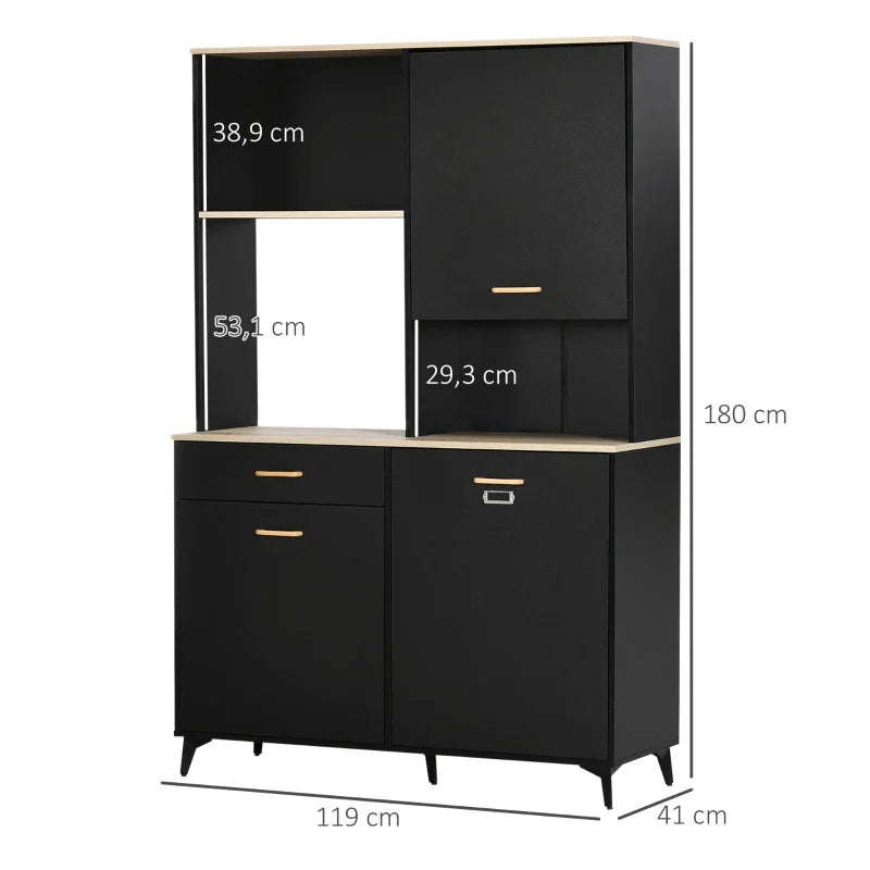 Armário de Cozinha Aparador de Sala de Jantar com 1 Gaveta 3 Portas e Armazenamento Aberto Móvel Auxiliar para Microondas de Estilo Moderno 119x41x180cm Preto